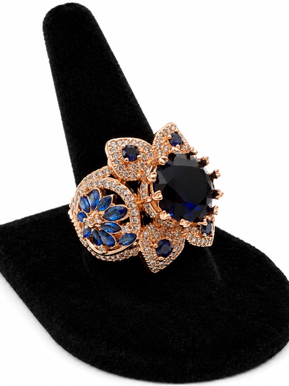 Rose Gold Floral Blue Crystal Cocktail Ring